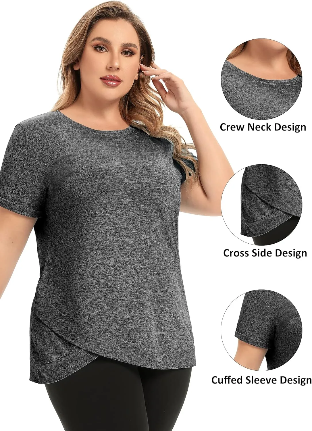 FOREYOND Women's Plus Size Workout Tops Short Sleeves Loose Fit Athletic Shirts Yoga Gym Running Clothing