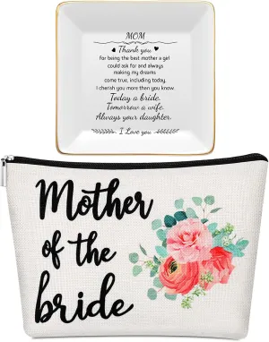 Frienda 2 Pack Mother Of The Bride Groom gifts Mother Of The Bride Groom Makeup Bags and Jewelry Dish Tray Bride Mother Gift Canvas Cosmetic Bag for Mom Wedding Gift(Mother of the Bride)
