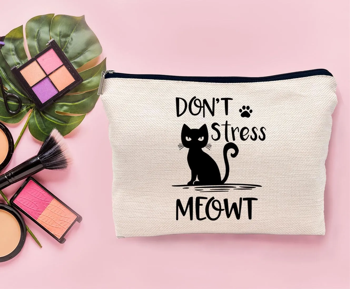 Funny Cat Don't Stress Meowt Makeup Bag - Black Cat Funny Zipper Pouch Bag, Birthday Gift for Women, Animal Lover