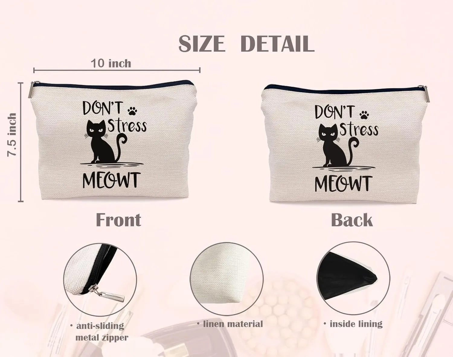 Funny Cat Don't Stress Meowt Makeup Bag - Black Cat Funny Zipper Pouch Bag, Birthday Gift for Women, Animal Lover