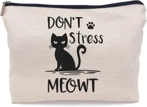 Funny Cat Don't Stress Meowt Makeup Bag - Black Cat Funny Zipper Pouch Bag, Birthday Gift for Women, Animal Lover