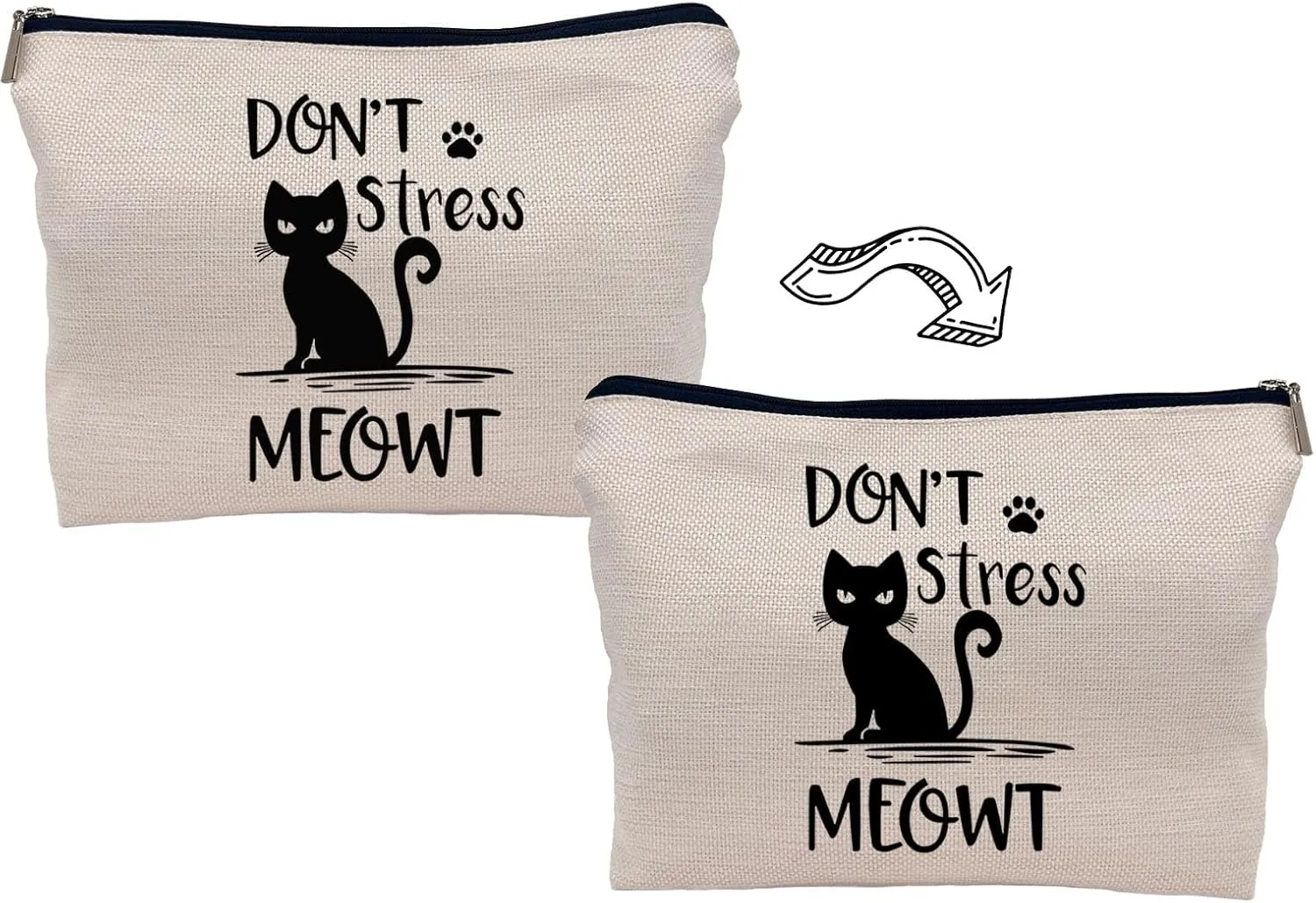 Funny Cat Don't Stress Meowt Makeup Bag - Black Cat Funny Zipper Pouch Bag, Birthday Gift for Women, Animal Lover