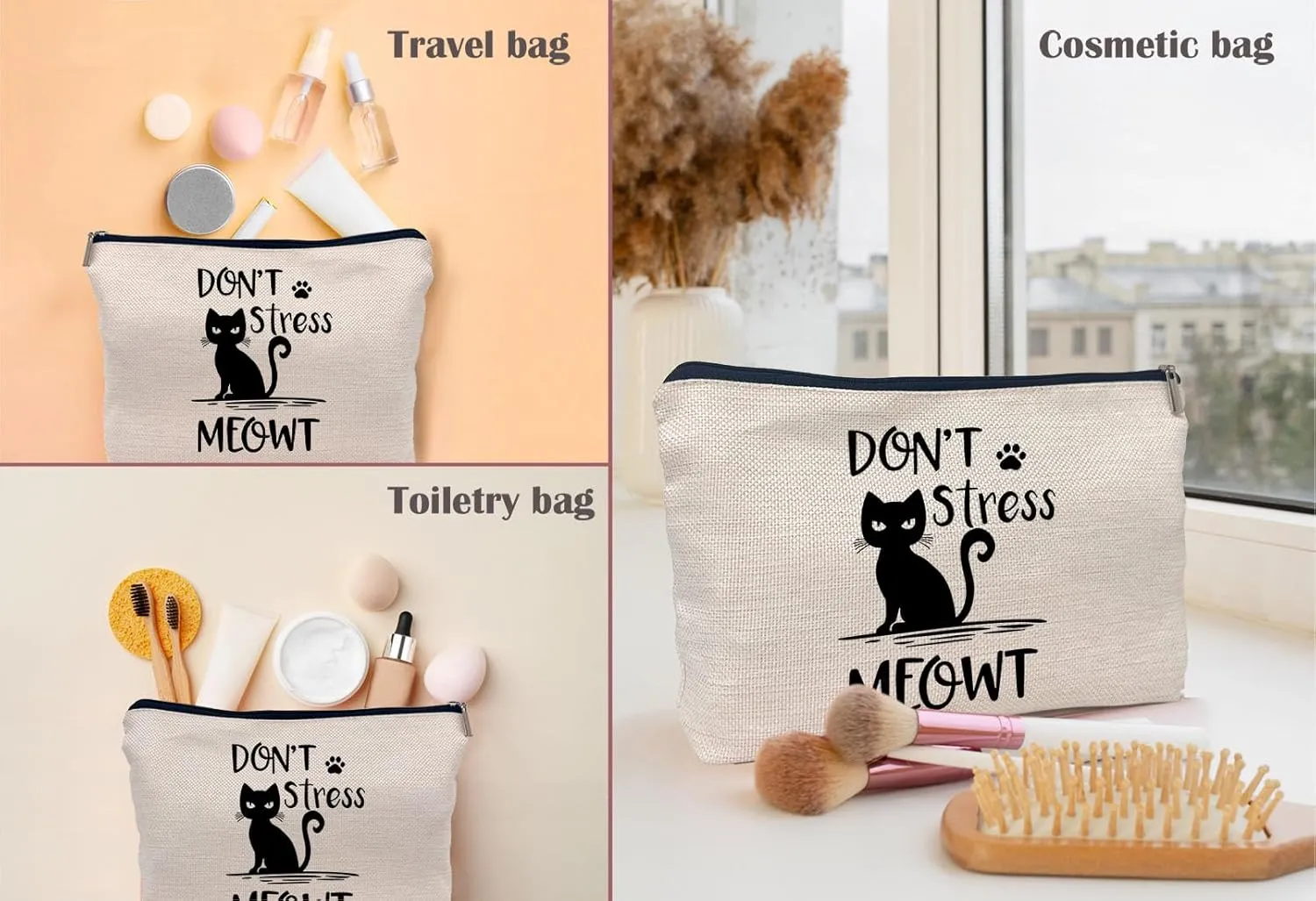 Funny Cat Don't Stress Meowt Makeup Bag - Black Cat Funny Zipper Pouch Bag, Birthday Gift for Women, Animal Lover