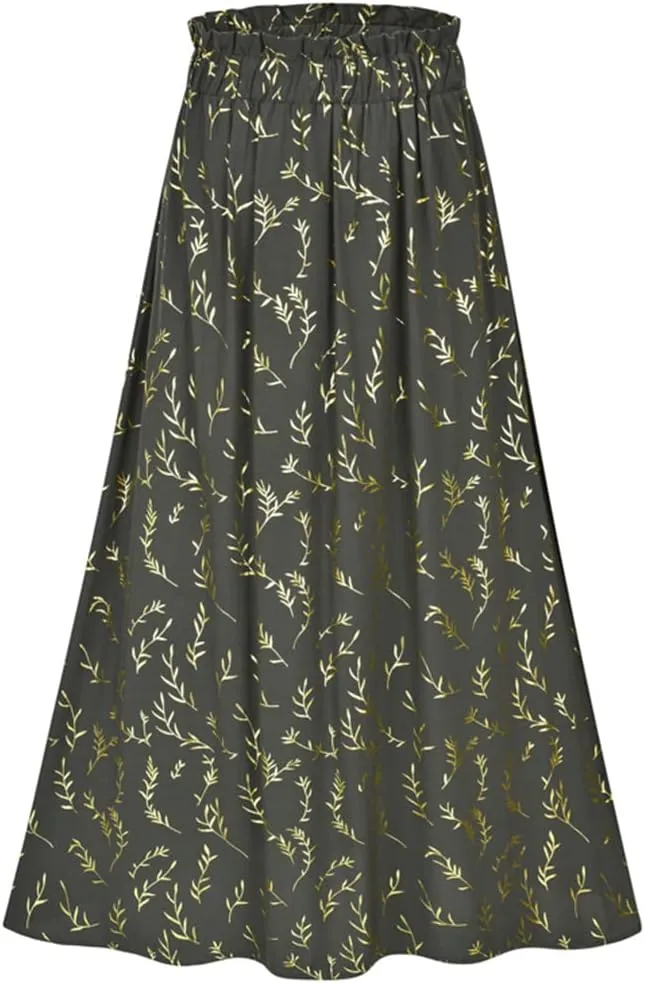 Gienergy Yellow Leaf Floral Pleated Midi Skirt Women's Elastic High Waist Side Pocket Skirt Summer Women's Bottoming Skirt