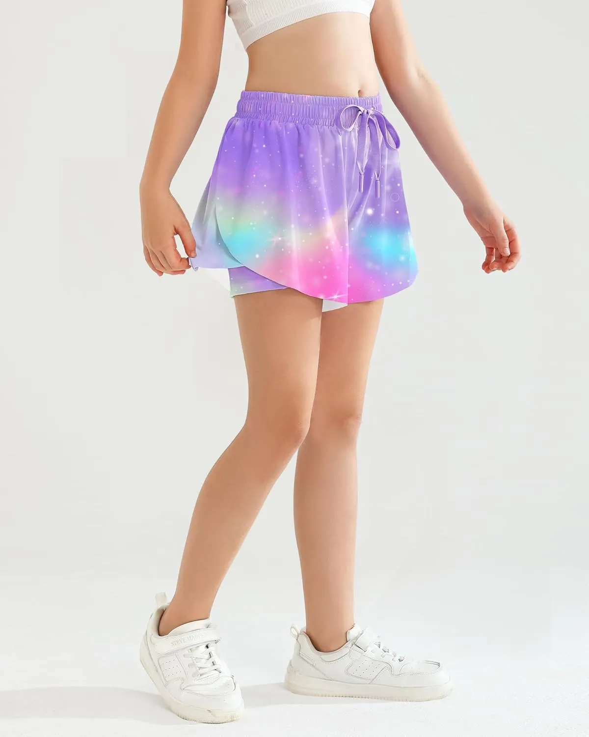 Girls Flowy Athletic Shorts with Pocket Kids Spandex 2 in 1 Drawstring Butterfly Skorts for Cheer, Dance, Running