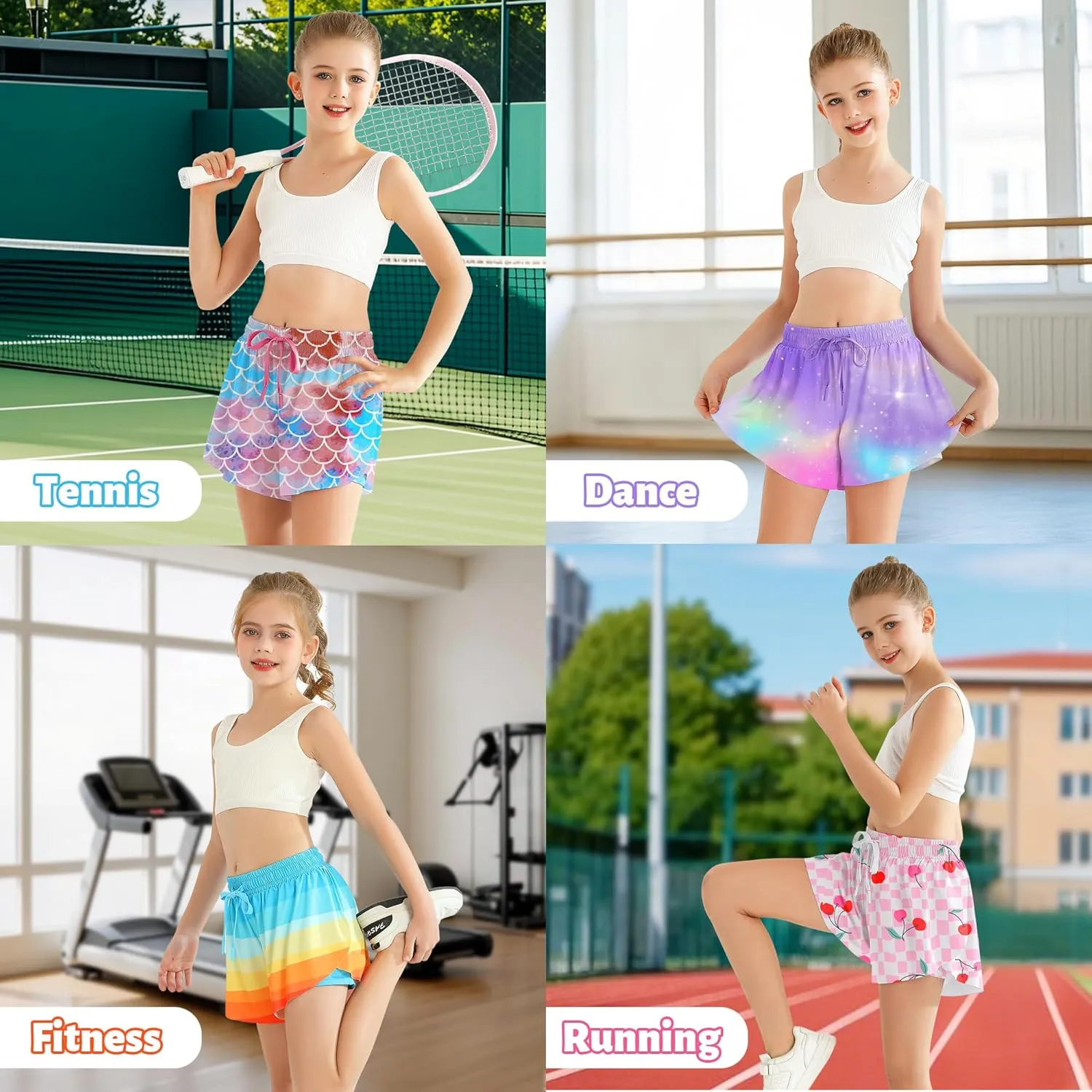 Girls Flowy Athletic Shorts with Pocket Kids Spandex 2 in 1 Drawstring Butterfly Skorts for Cheer, Dance, Running