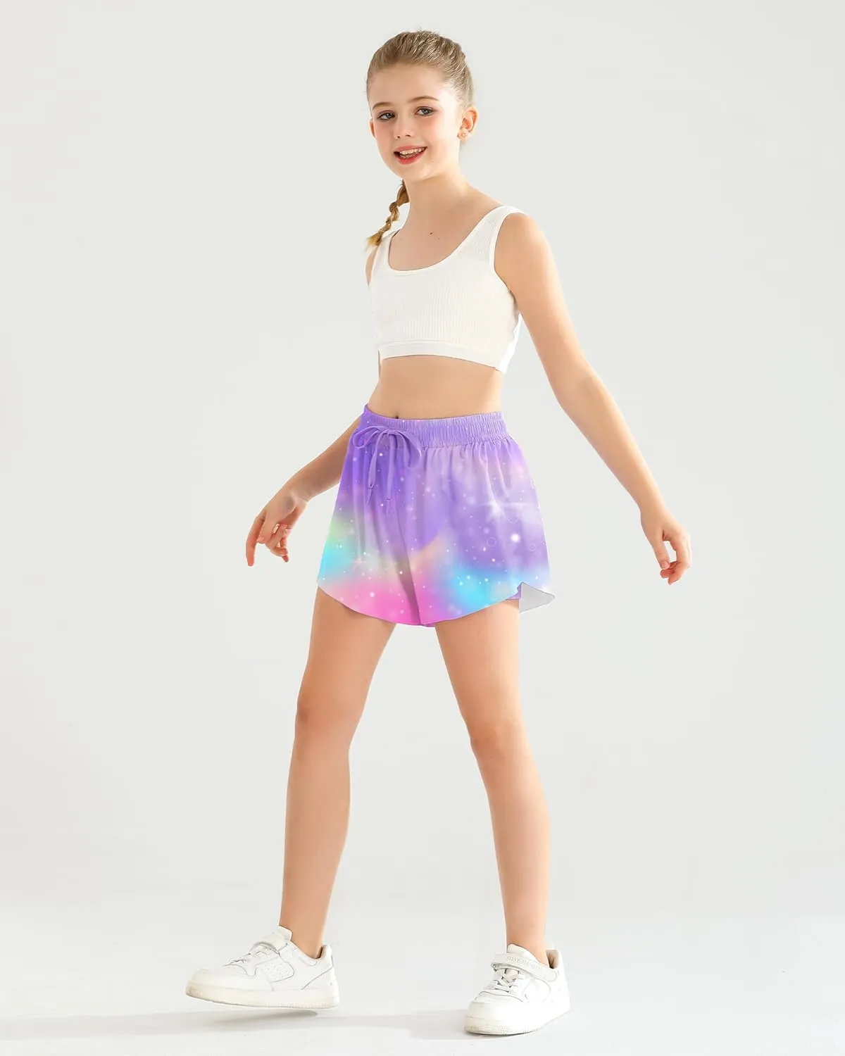 Girls Flowy Athletic Shorts with Pocket Kids Spandex 2 in 1 Drawstring Butterfly Skorts for Cheer, Dance, Running