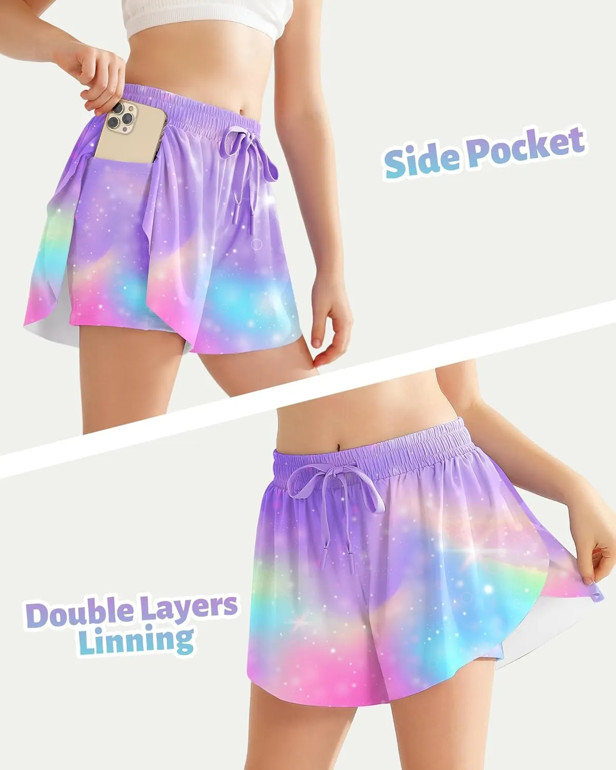 Girls Flowy Athletic Shorts with Pocket Kids Spandex 2 in 1 Drawstring Butterfly Skorts for Cheer, Dance, Running