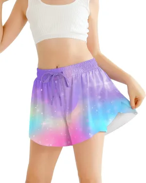 Girls Flowy Athletic Shorts with Pocket Kids Spandex 2 in 1 Drawstring Butterfly Skorts for Cheer, Dance, Running