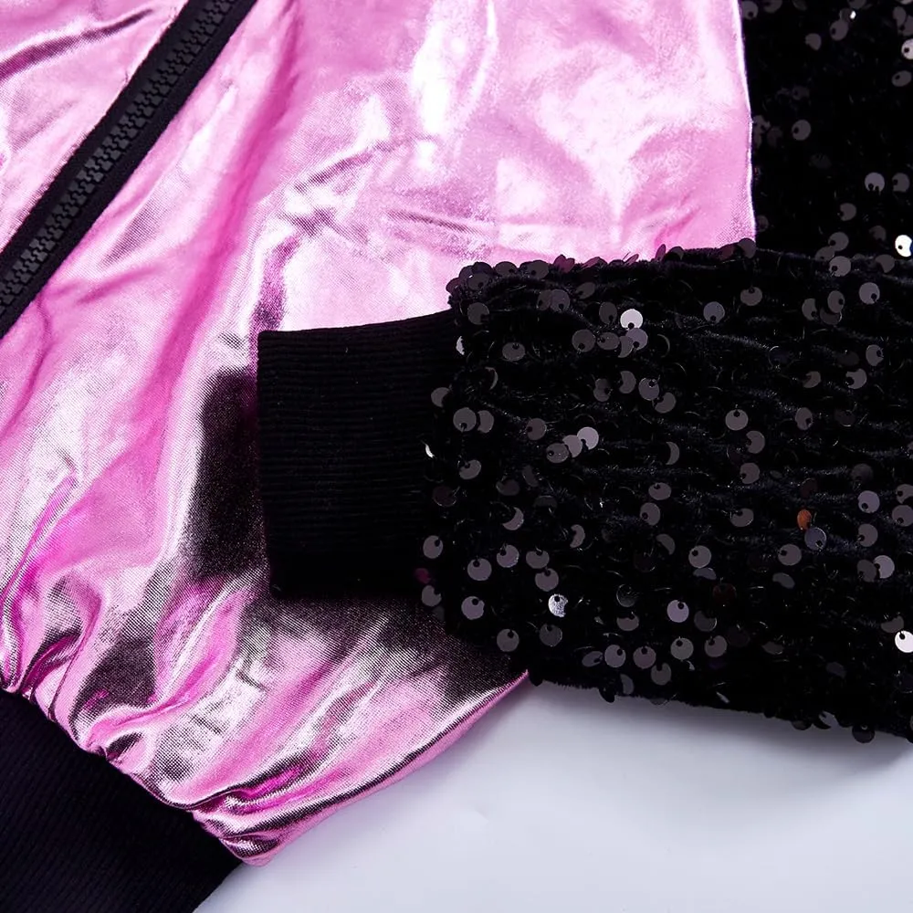 Girls Velvet Sequin Jackets Bomber Kids Sparkle Outwear Toddler Boys Glitter Sleeve Shiny Metallic Coat Birthday