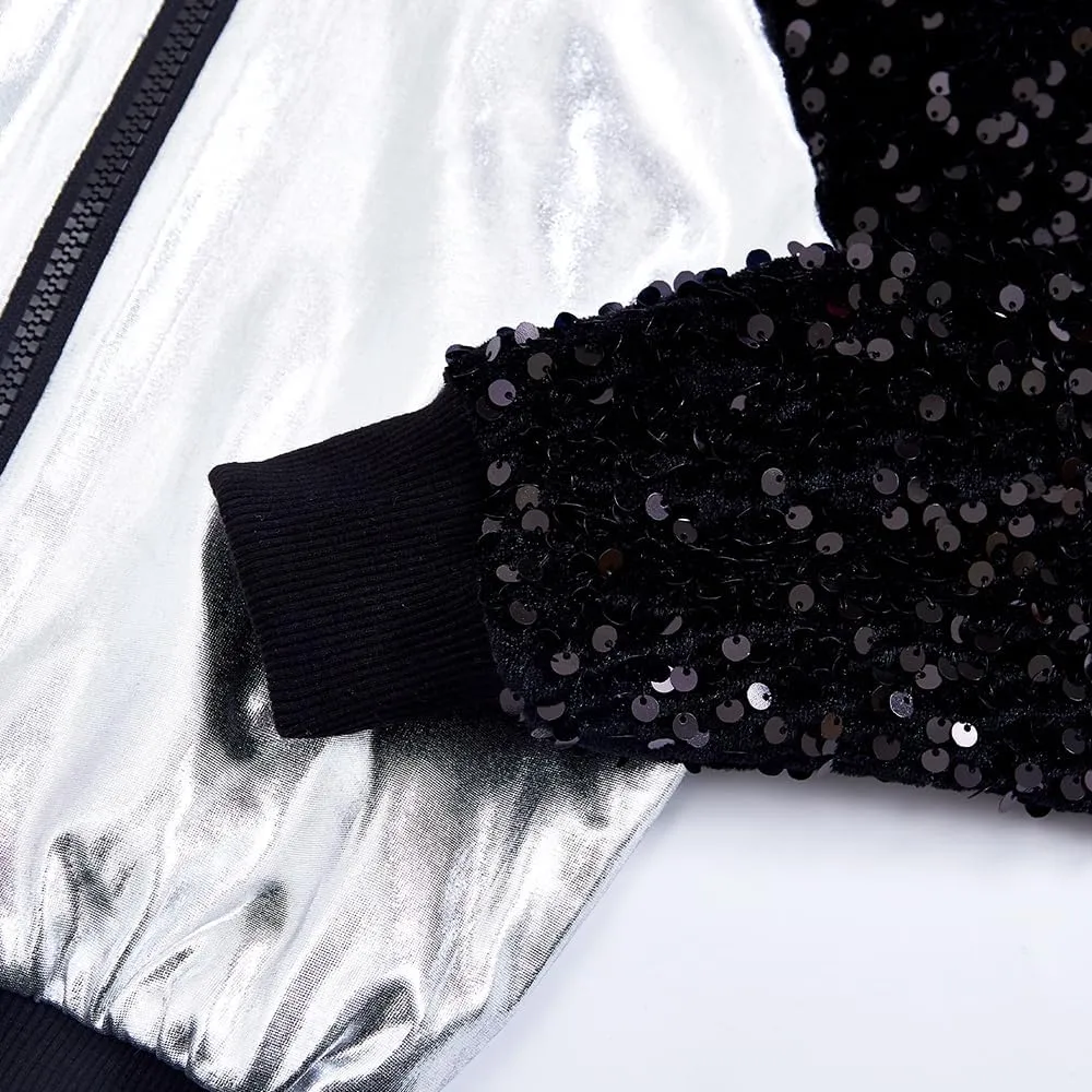 Girls Velvet Sequin Jackets Bomber Kids Sparkle Outwear Toddler Boys Glitter Sleeve Shiny Metallic Coat Birthday