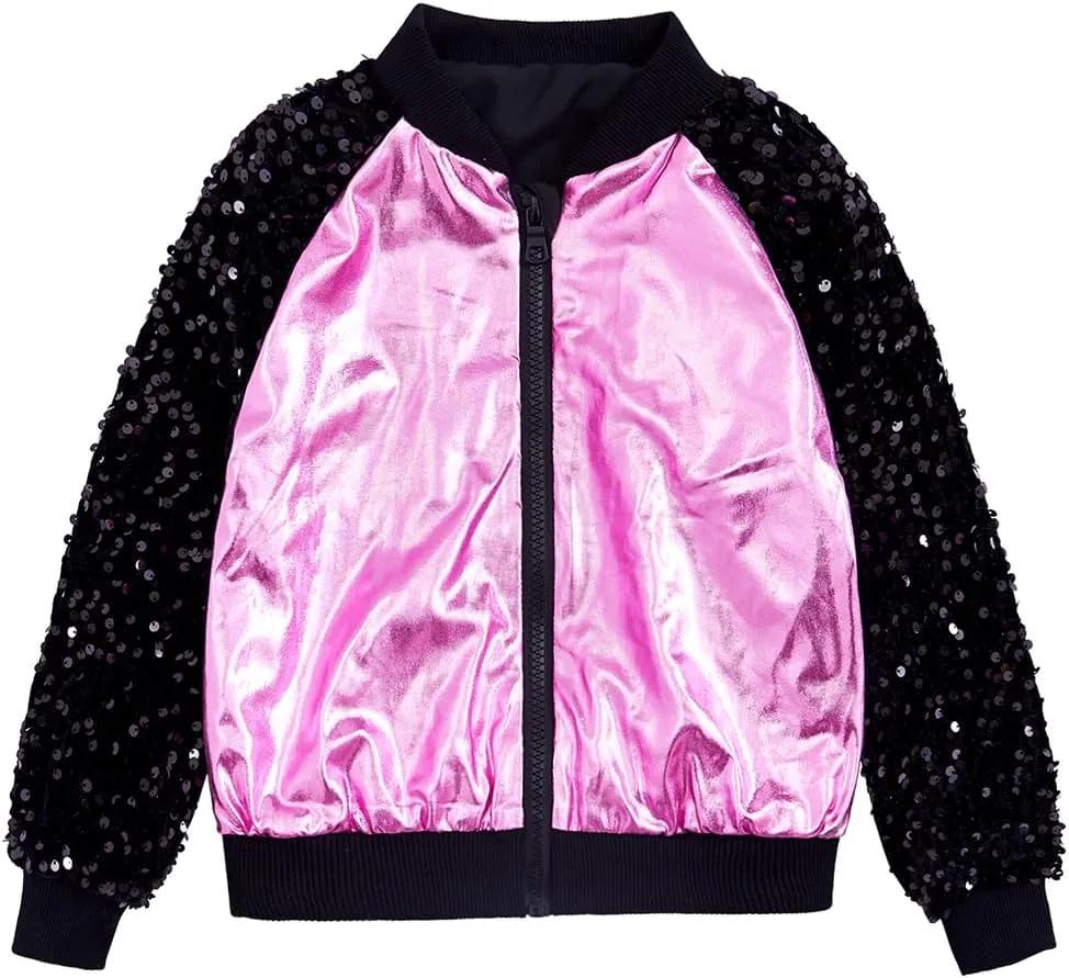Girls Velvet Sequin Jackets Bomber Kids Sparkle Outwear Toddler Boys Glitter Sleeve Shiny Metallic Coat Birthday