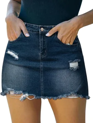 GOBLES Women's Sexy Mid Waist Zipper Closure Frayed Raw Hem Ripped Mini Denim Skirts