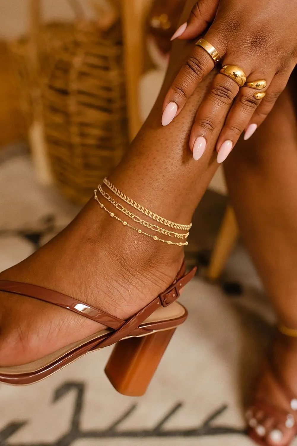 Gold Anklets for Women Waterproof 14k Gold Plated Cuban Link Anklets Non Tarnish Rope Herringbone Ankle Chain Summer Beach Jewelry Gifts for Women