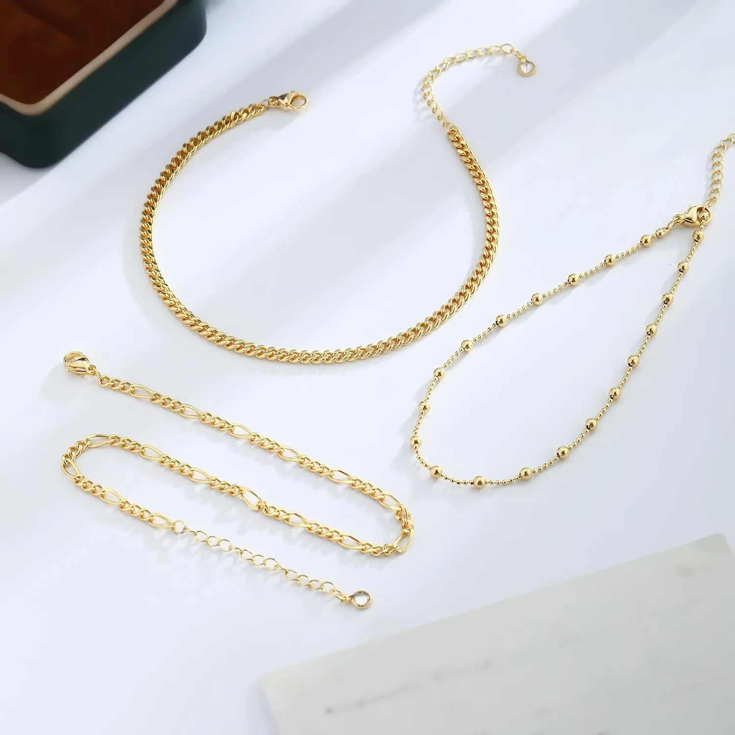 Gold Anklets for Women Waterproof 14k Gold Plated Cuban Link Anklets Non Tarnish Rope Herringbone Ankle Chain Summer Beach Jewelry Gifts for Women