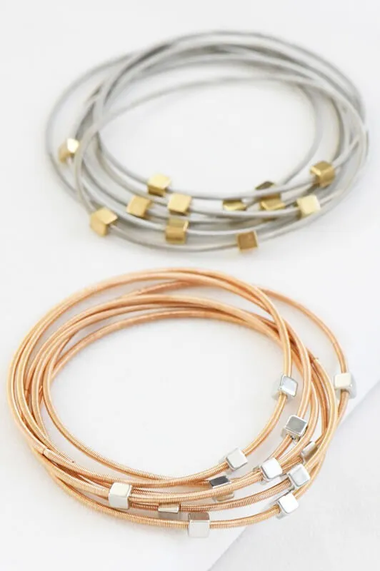 Gold Geo Square Silver Guitar String Bracelet Set