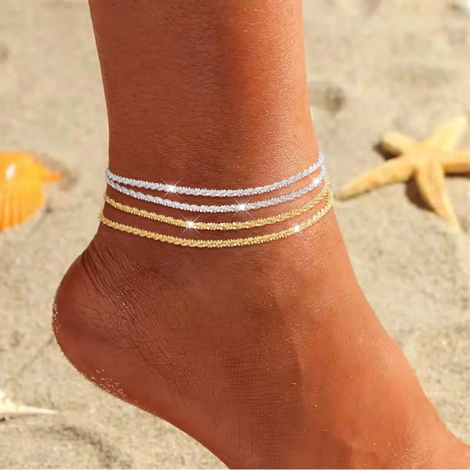 Gold/Silver Anklets for Women,14k Gold/Silver Plated Evil Eye Ankle Bracelets for Women Waterproof Layered lightweight Cuban Link Figaro Chain Diamond Heart Anklet Summer Beach Jewelry Gift