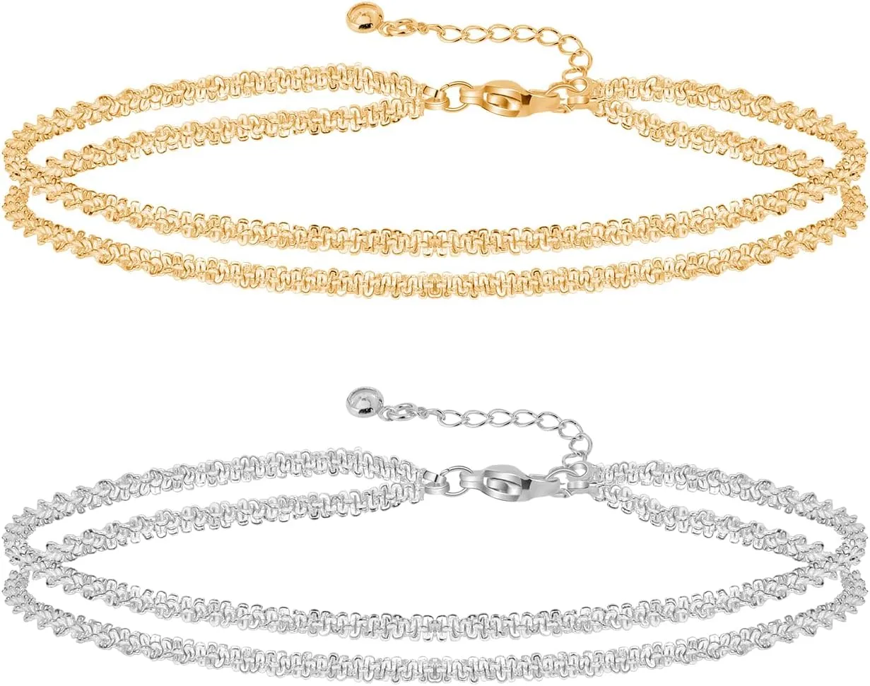 Gold/Silver Anklets for Women,14k Gold/Silver Plated Evil Eye Ankle Bracelets for Women Waterproof Layered lightweight Cuban Link Figaro Chain Diamond Heart Anklet Summer Beach Jewelry Gift