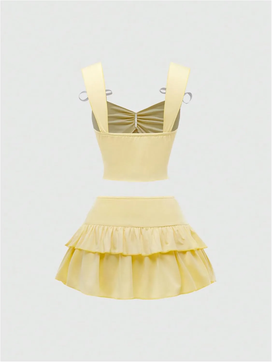 GORGLITTER Women's 2 Piece Skirt Sets Summer Outfits Ruched Bow Tie Camisole Top Mini Ruffle Skirt Set