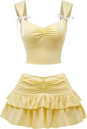 GORGLITTER Women's 2 Piece Skirt Sets Summer Outfits Ruched Bow Tie Camisole Top Mini Ruffle Skirt Set