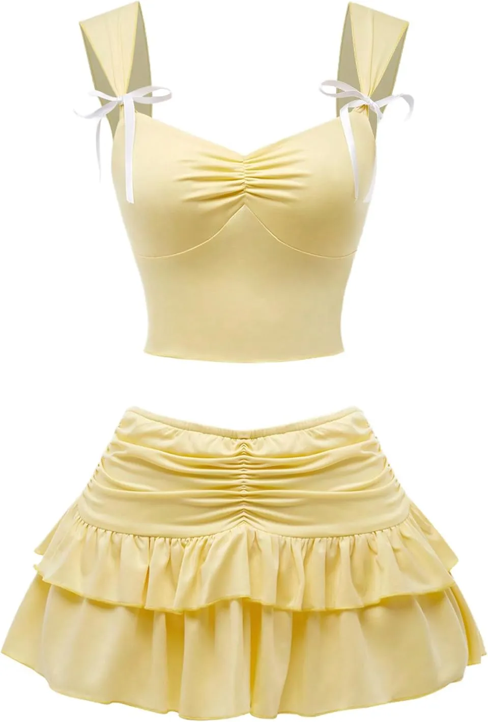 GORGLITTER Women's 2 Piece Skirt Sets Summer Outfits Ruched Bow Tie Camisole Top Mini Ruffle Skirt Set