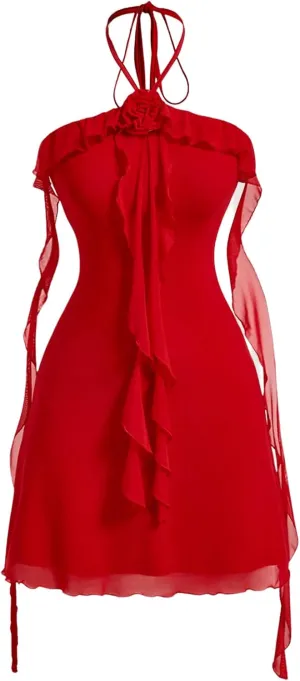 GORGLITTER Women's Flower Strapless Halter Bodycon Mini Dress Y2K Mesh Ruffle Open Back Summer Graduation Prom Sundress