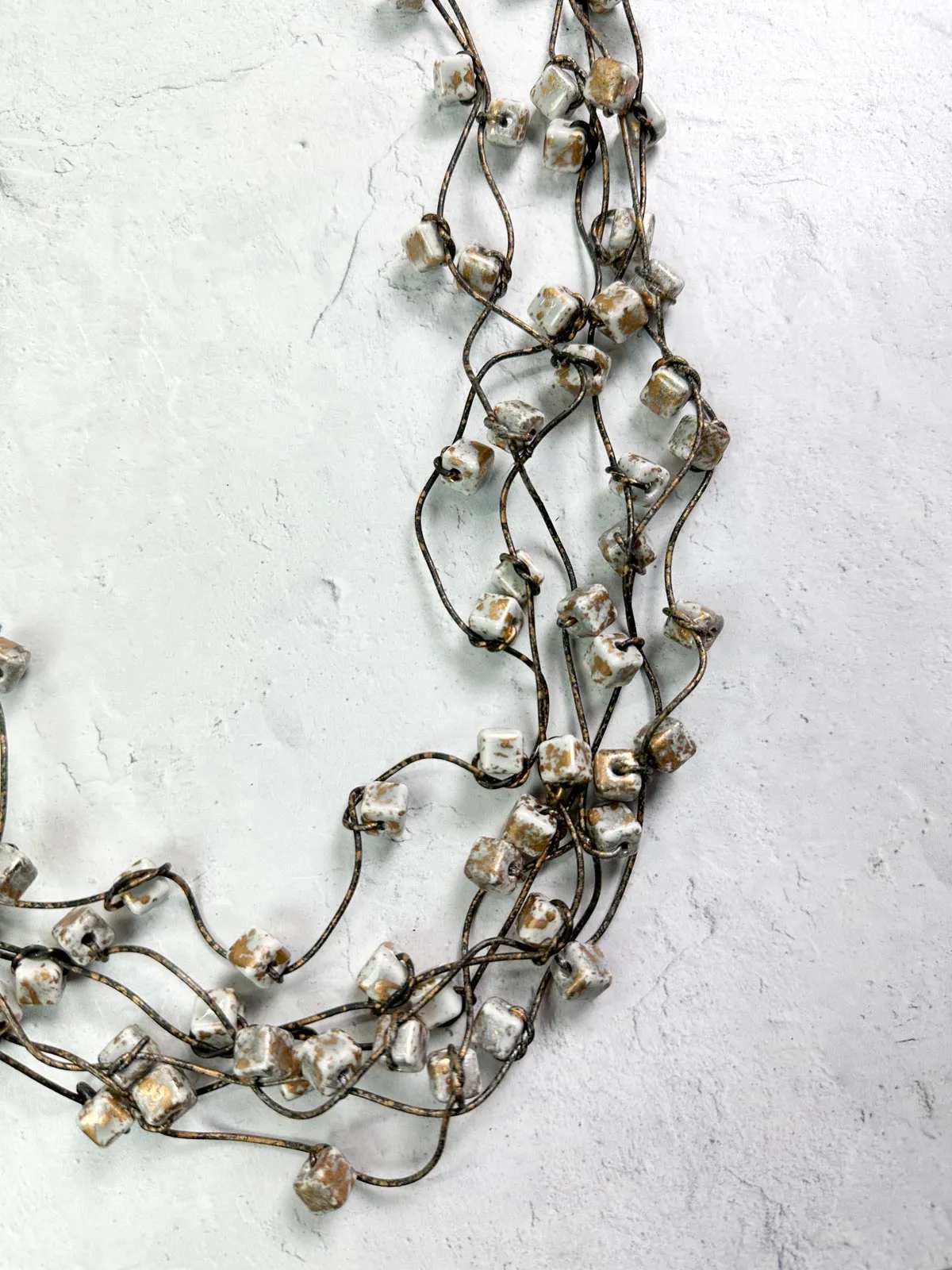 Hand Painted 6 Strand Ceramic Cubes on Leatherette Necklace, Grey/Gold