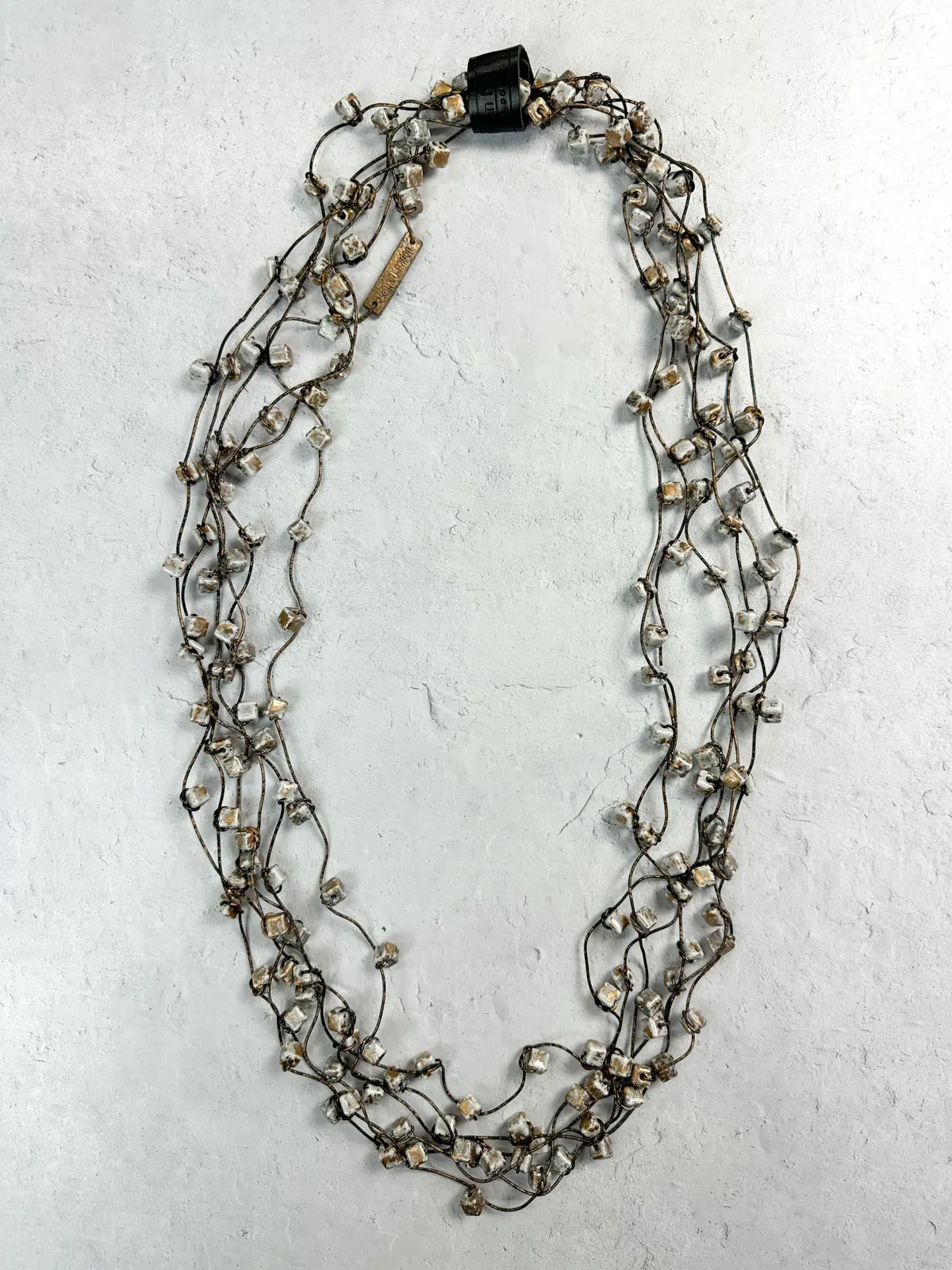 Hand Painted 6 Strand Ceramic Cubes on Leatherette Necklace, Grey/Gold
