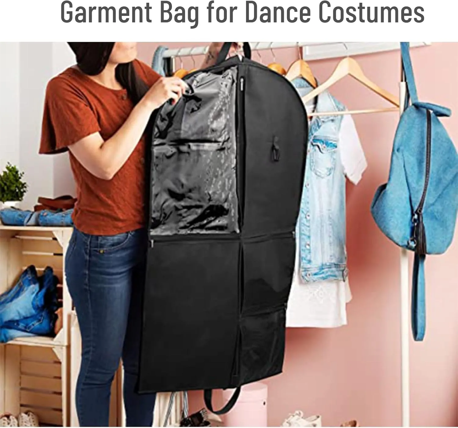 Hanging Garment Bag Waterproof 40 inch for Hanging Clothes Travel Storage Bags for Kids Dance Costumes Sports Skating Theatre Beauty Pageants (Pink 2 packs, 24 x 3 x 40 inches)