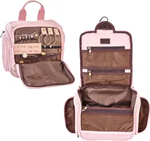 Hanging Toiletry Bag for Women with Jewelry Organizer,Canvas Travel Toiletry Bag,Makeup Cosmetic Bag Organizer,Pink Waterproof Carry on Bag