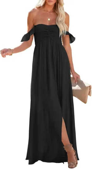 Happy Sailed Women's 2025 Summer Smocked Off The Shoulder Maxi Dresses Ruffle Short Sleeve A Line Side Slit Sundress