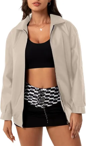 hathne Women's Oversized Leather Jackets Faux Zip Up Fall Fashion Motorcycle Jackets Coats Winter Clothes
