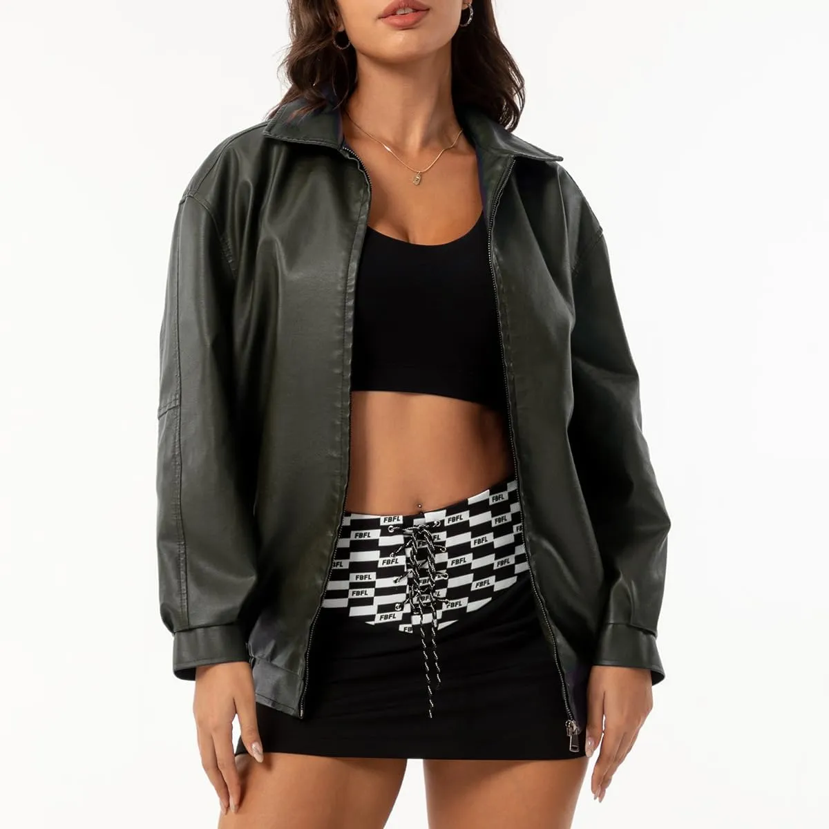 hathne Women's Oversized Leather Jackets Faux Zip Up Fall Fashion Motorcycle Jackets Coats Winter Clothes