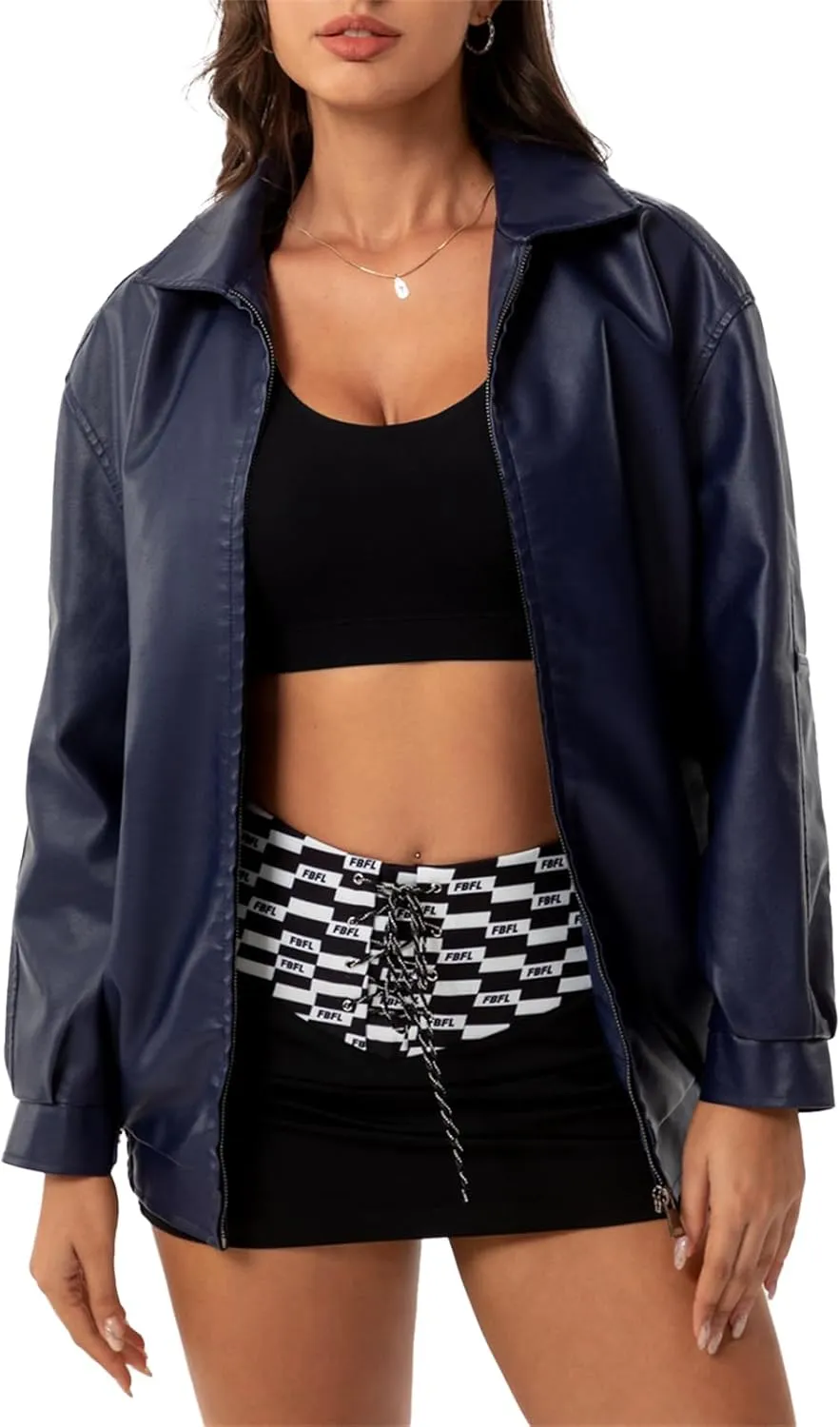 hathne Women's Oversized Leather Jackets Faux Zip Up Fall Fashion Motorcycle Jackets Coats Winter Clothes