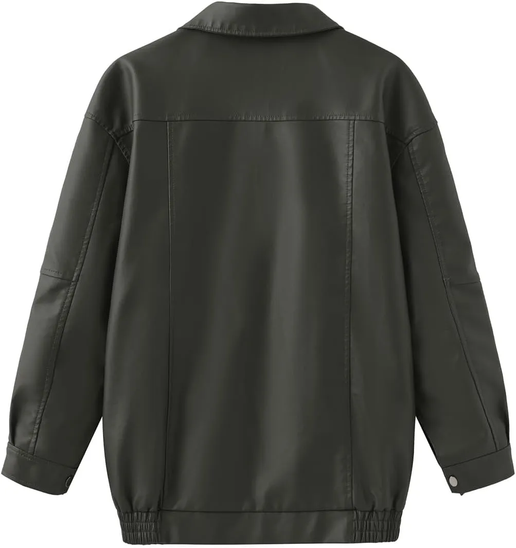 hathne Women's Oversized Leather Jackets Faux Zip Up Fall Fashion Motorcycle Jackets Coats Winter Clothes