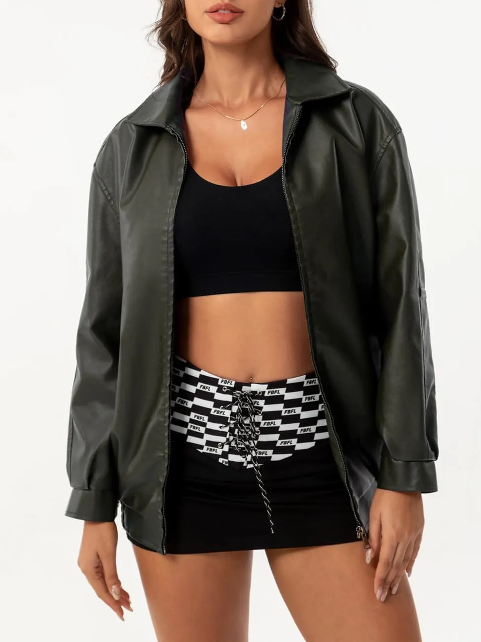 hathne Women's Oversized Leather Jackets Faux Zip Up Fall Fashion Motorcycle Jackets Coats Winter Clothes