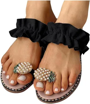Hbeylia Gladiator Sandals for Women,Ladies Summer Pineapple Rhinestone Pearls Toe Ring Wide Fit Sandals Casual Beach Boho Slippers Flip Flops For Women Girls Size 6