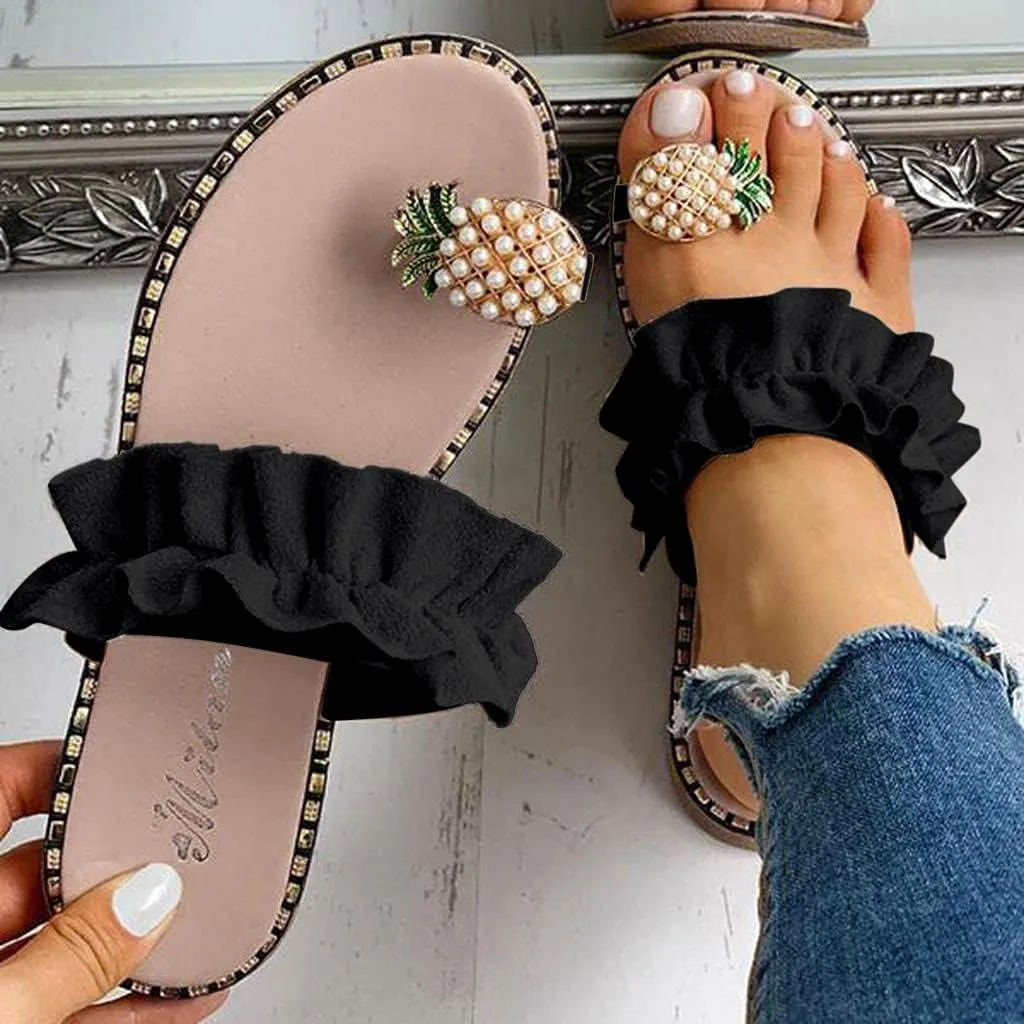 Hbeylia Gladiator Sandals for Women,Ladies Summer Pineapple Rhinestone Pearls Toe Ring Wide Fit Sandals Casual Beach Boho Slippers Flip Flops For Women Girls Size 6