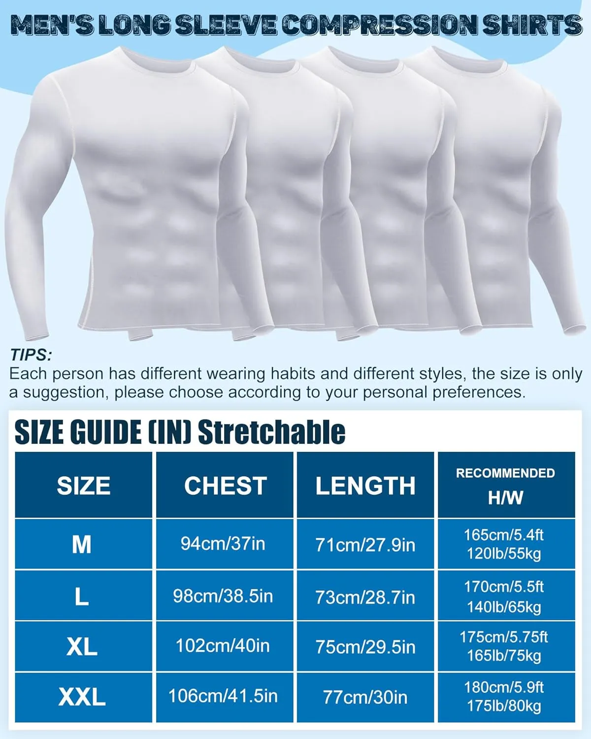 Hicarer 4 Pack Men's Compression Shirts Dry Fit Long Sleeve Athletic Workout Top Thermal Shirt Gym Sports Base Layers