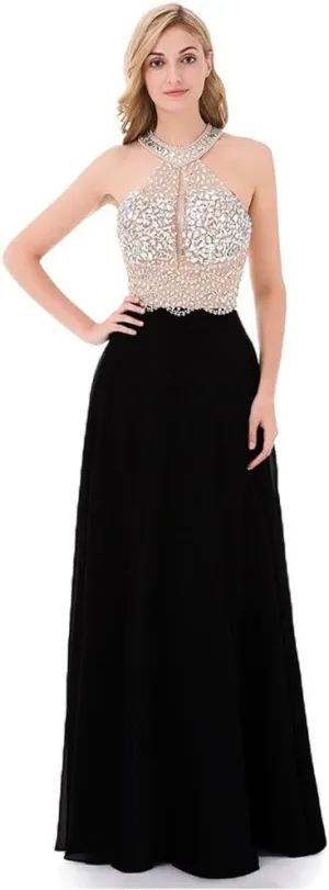 Honeydress Women's Beaded Halter Party Prom Dresses Long Chiffon Evening Gown Rhinestones Sleeveless