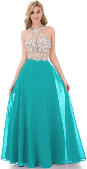 Honeydress Women's Beaded Halter Party Prom Dresses Long Chiffon Evening Gown Rhinestones Sleeveless