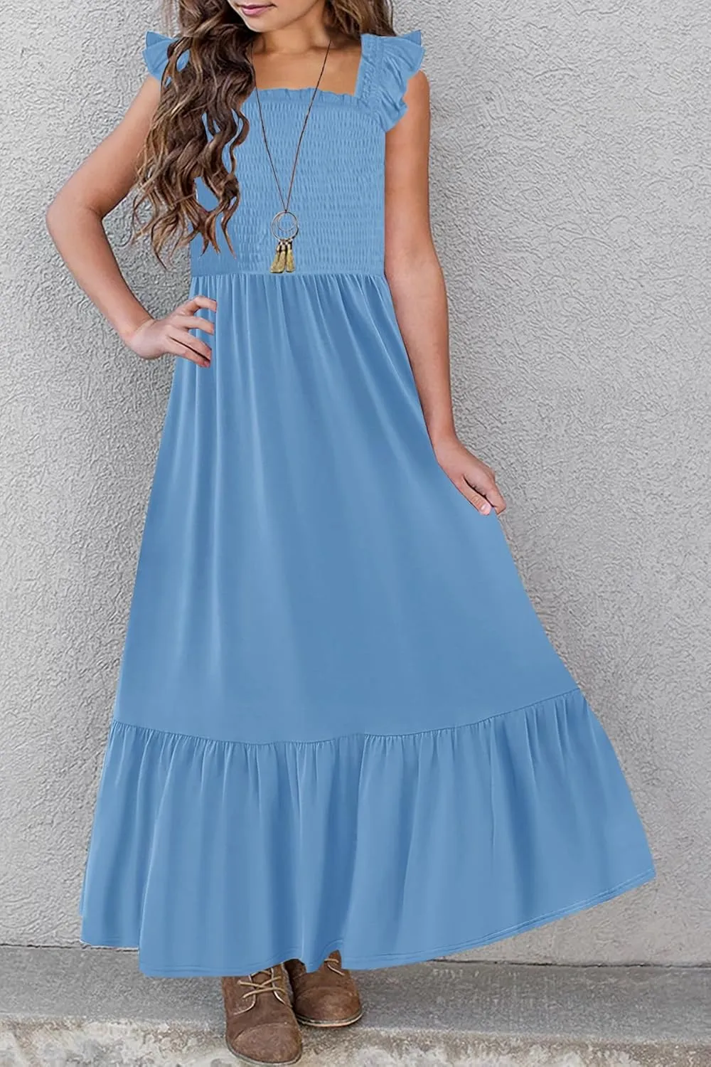 HOSIKA Girls Summer Sundress Casual Sleeveless Smocked Aline Flowy Tiered Maxi Boho Beach Dress with Pockets 6-12Y