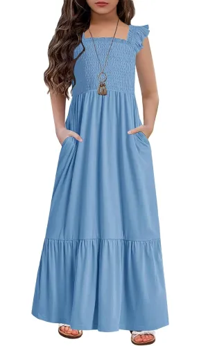 HOSIKA Girls Summer Sundress Casual Sleeveless Smocked Aline Flowy Tiered Maxi Boho Beach Dress with Pockets 6-12Y