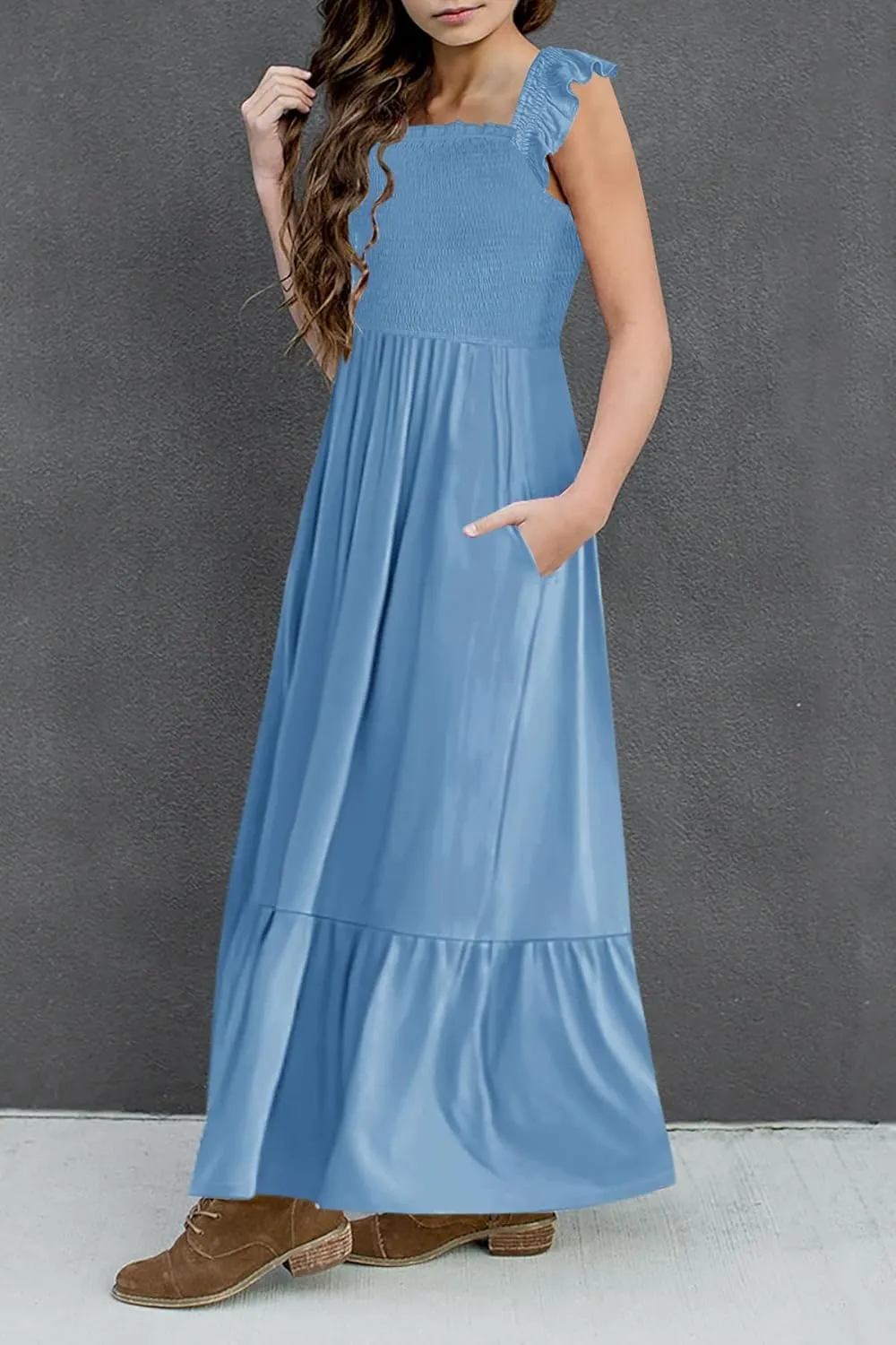 HOSIKA Girls Summer Sundress Casual Sleeveless Smocked Aline Flowy Tiered Maxi Boho Beach Dress with Pockets 6-12Y