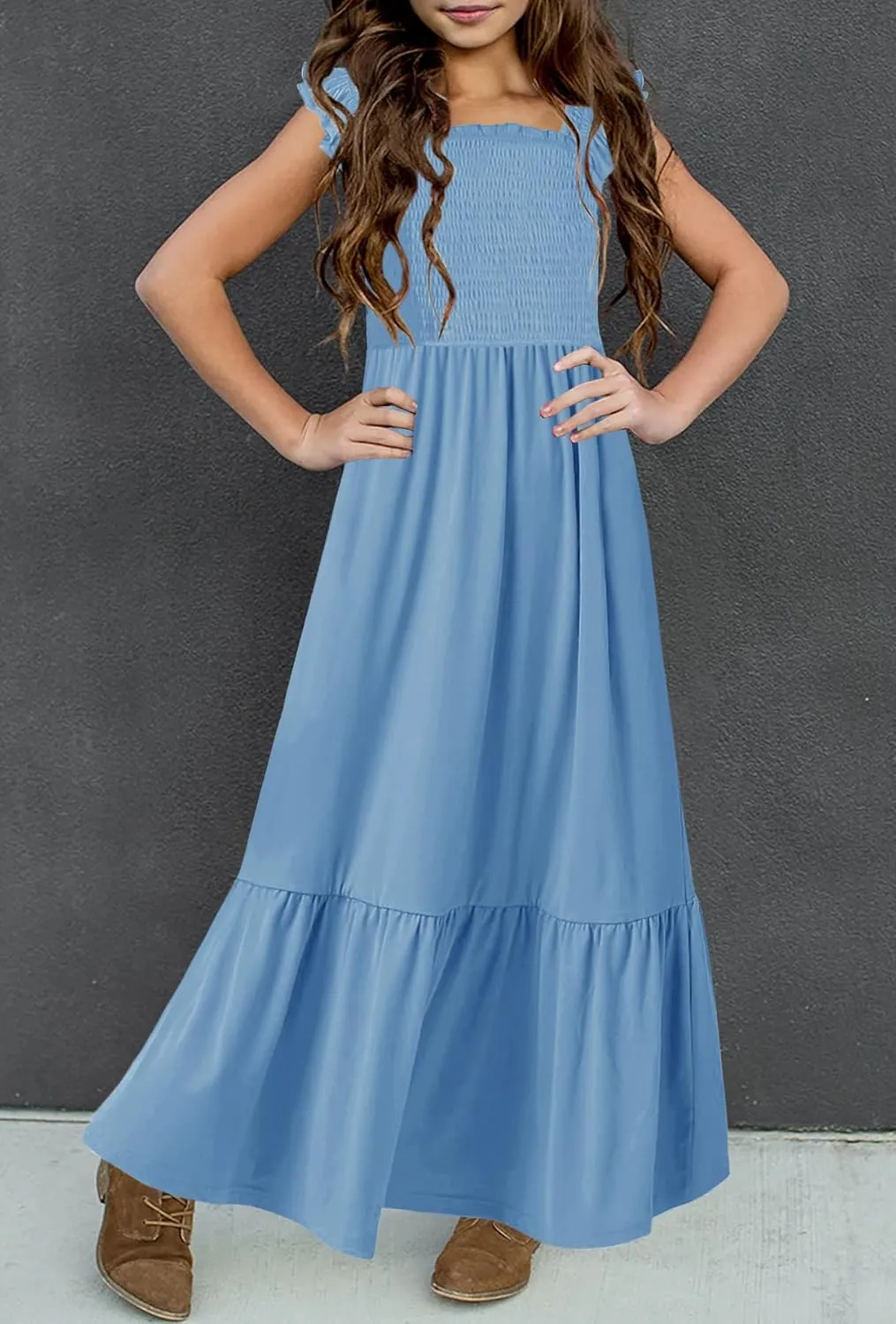 HOSIKA Girls Summer Sundress Casual Sleeveless Smocked Aline Flowy Tiered Maxi Boho Beach Dress with Pockets 6-12Y