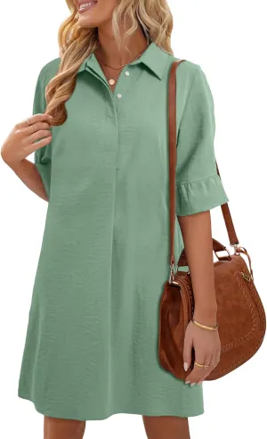 HUHOT Womens Casual Shirt Dress Business Work Ruffle Sleeve Button Down Solid Color Summer Dress with Pockets