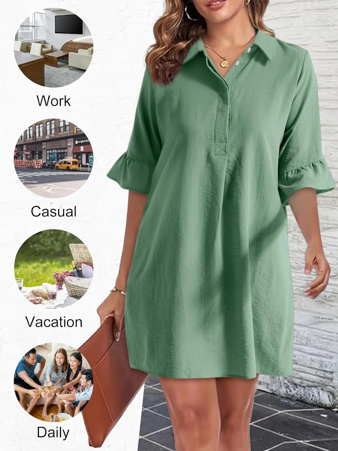HUHOT Womens Casual Shirt Dress Business Work Ruffle Sleeve Button Down Solid Color Summer Dress with Pockets