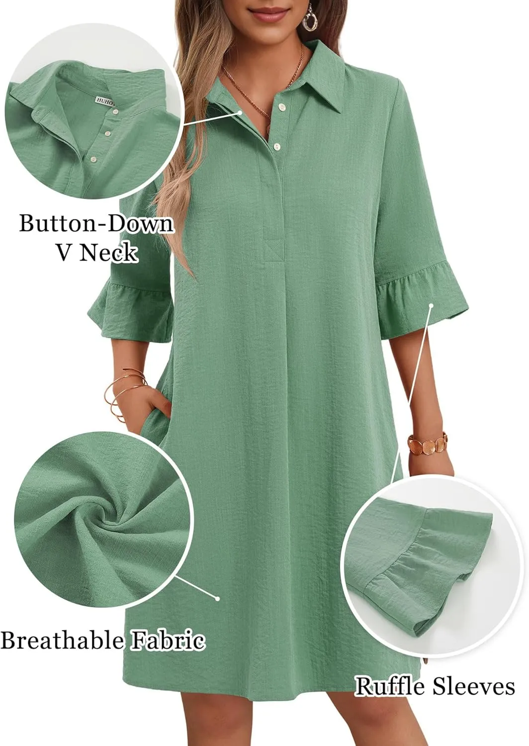 HUHOT Womens Casual Shirt Dress Business Work Ruffle Sleeve Button Down Solid Color Summer Dress with Pockets