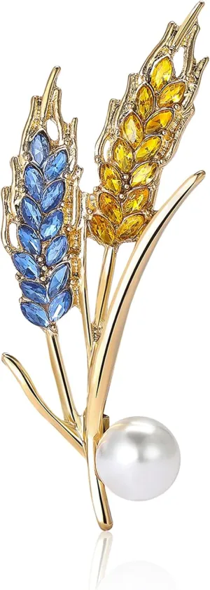 Imitation Pearl Rhinestone Ukrainian Ear of Wheat Brooch for Women Blue and Yellow Ukrainian Flag Brooch Patriotic Pin Gift