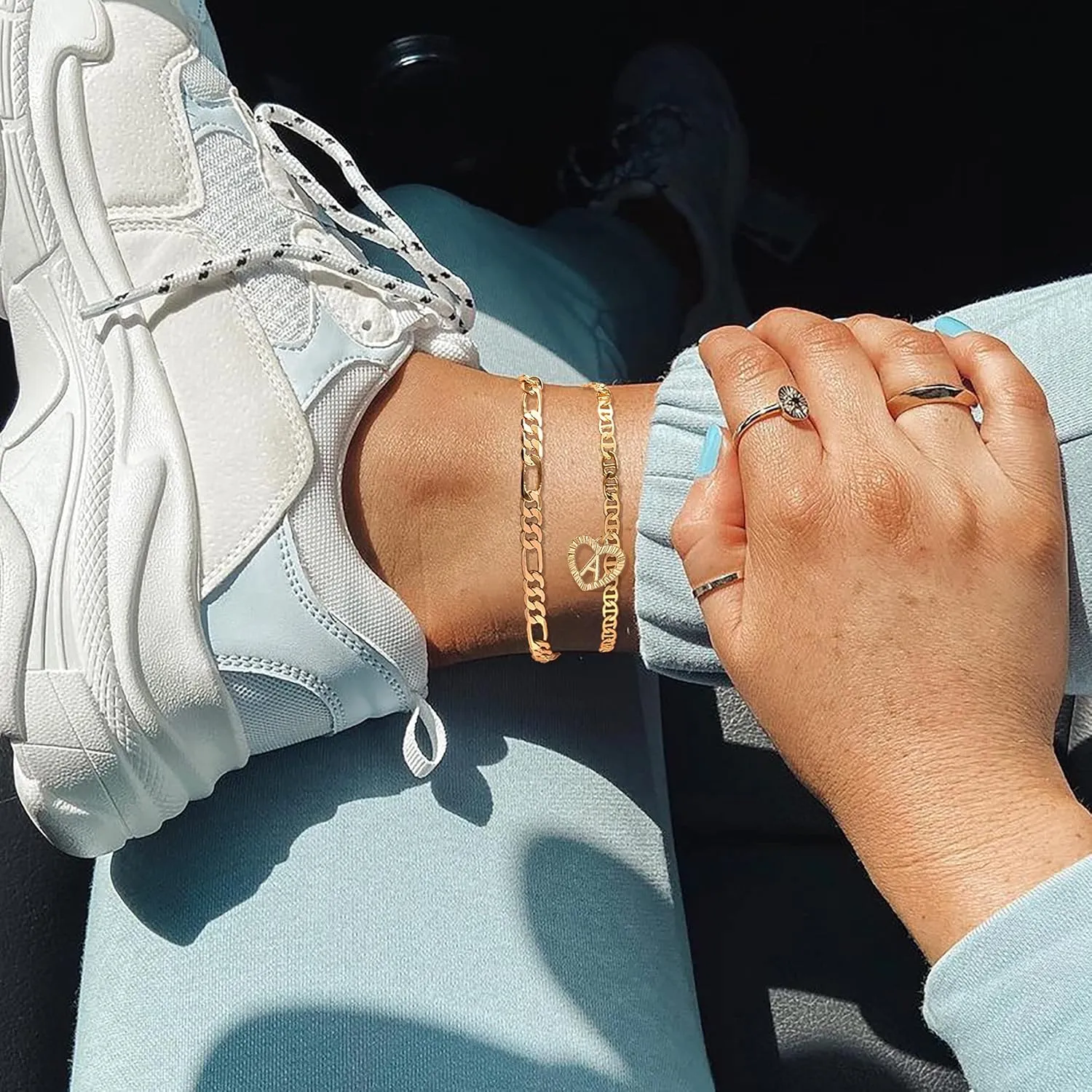 Initial Ankle Bracelets for Women 2pcs 18K Gold Plated Handmade Layered Letter Heart Figaro Chain Flat Mariner Anklets for Women Cute Summer Beach Foot Jewelry